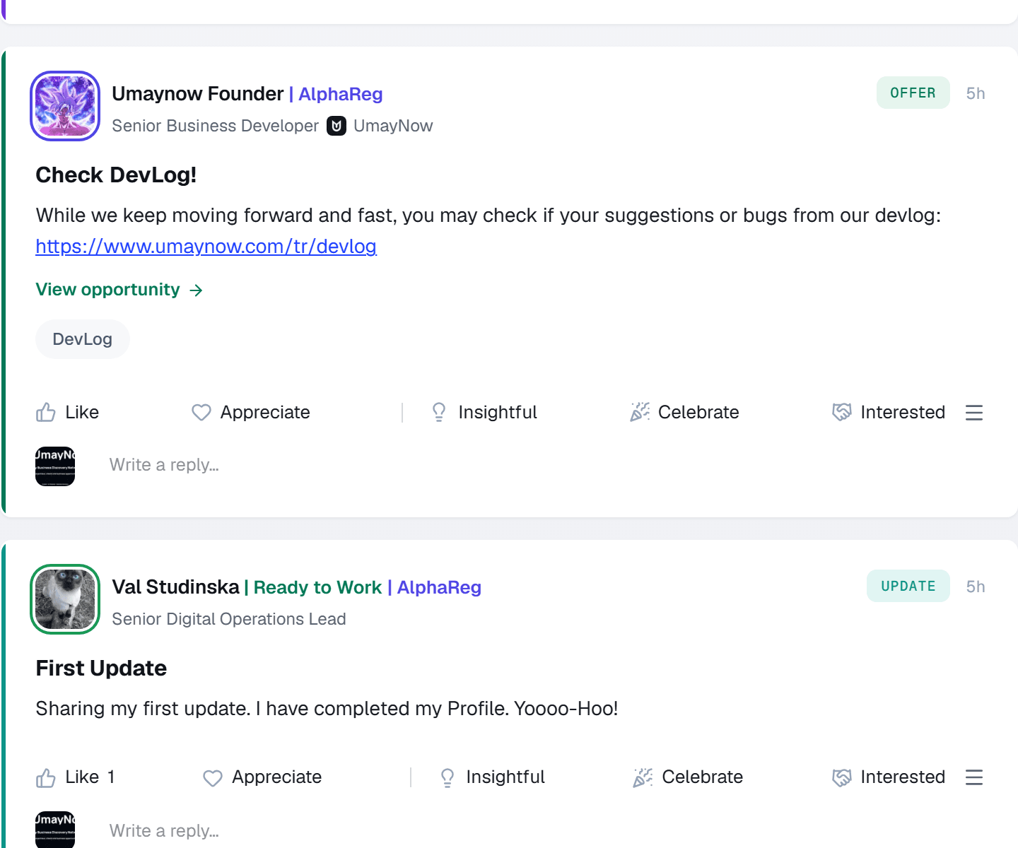A real UmayNow feed, showing Offer and Update posts with reactions