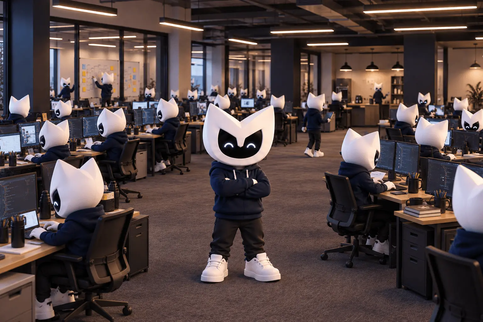 UmayNow maskotlarından oluşan bir ekip ofis ortamında birlikte çalışıyor