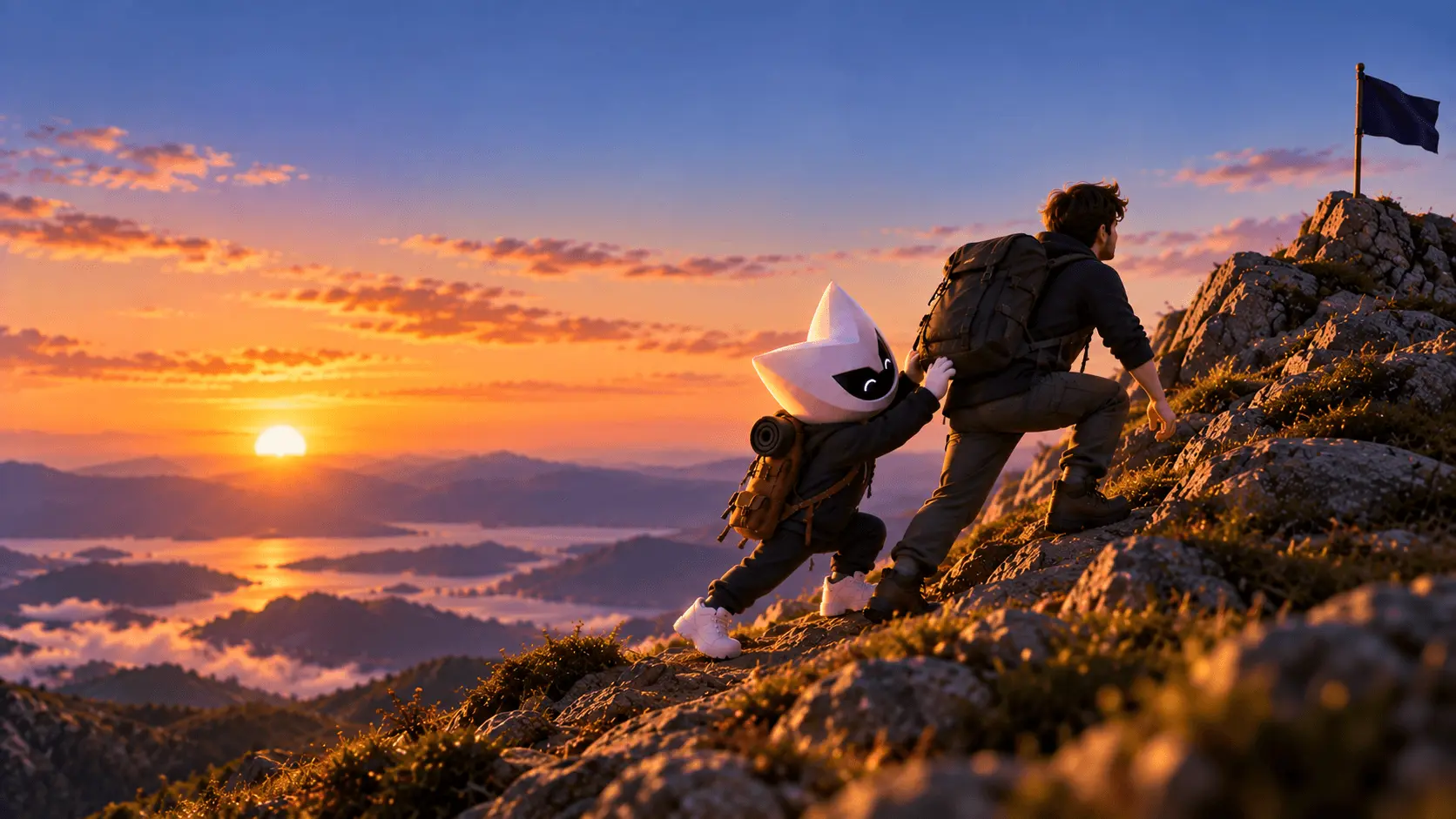 The UmayNow mascot climbing a mountain summit alongside a hiker at sunset